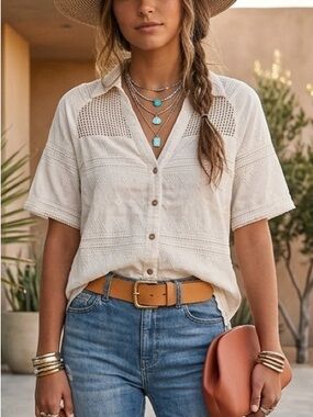 New In White Crochet Embroidered Mesh Blouse Shirt Boho Chic Romantic Small